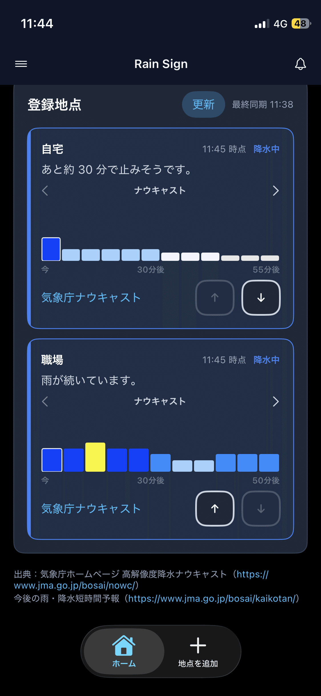 Rain Sign のホーム画面。自宅と職場の雨の推移が、それぞれ時刻に沿った棒グラフで並ぶ